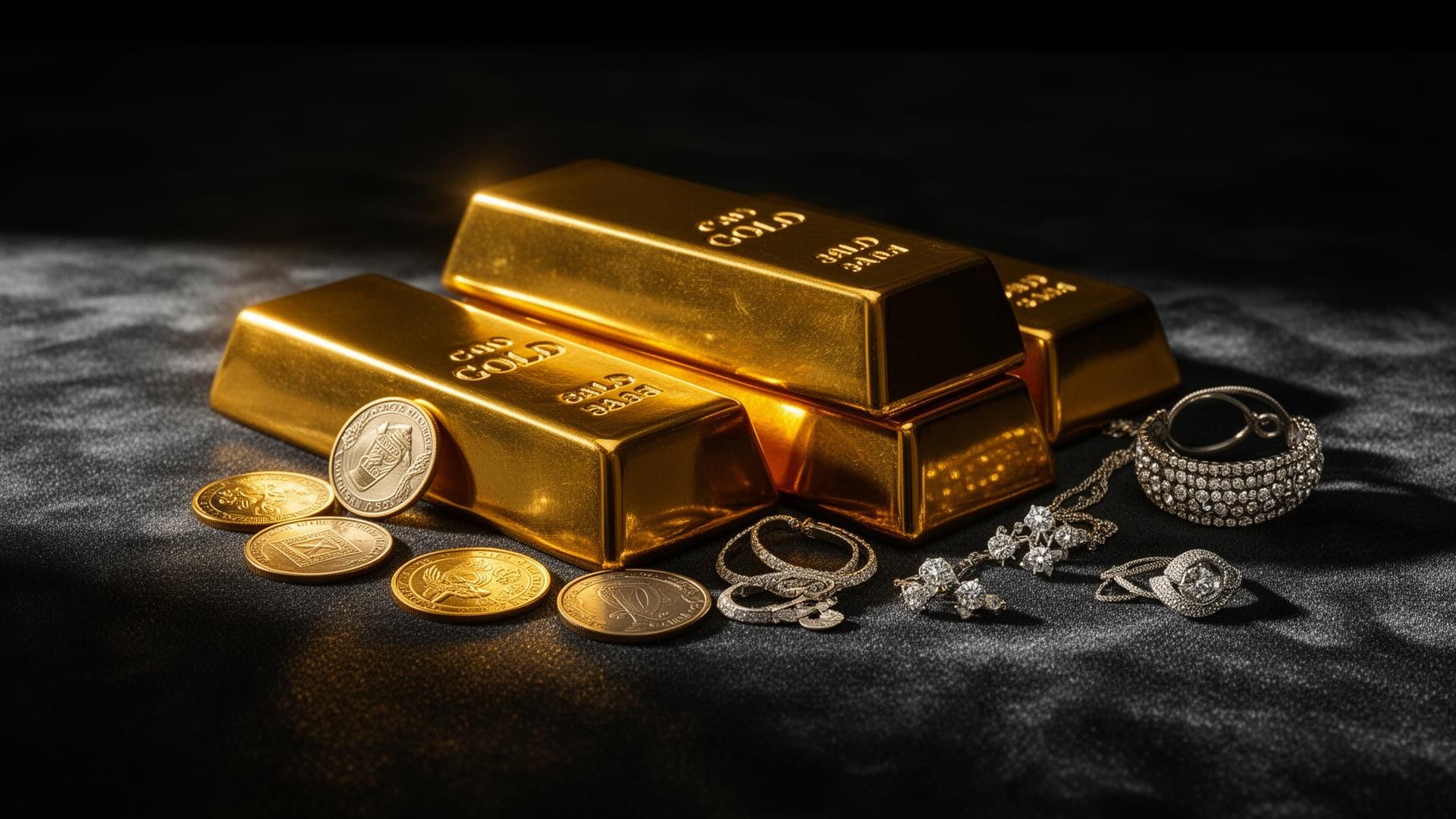 Gold bars and jewelry representing a McKinney precious metals buyer